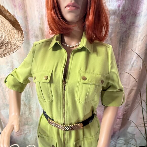📌Sharagano Lime Green  Sheath Dress with Roll Up Sleeves and Pockets - Picture 3 of 16